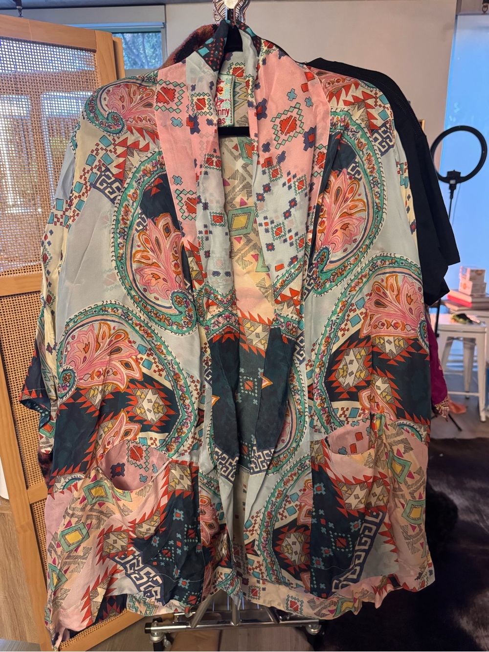 Johnny Was Cupra Rayon Lightweight Boho Paisley Kimono - Pink, Teal & Black